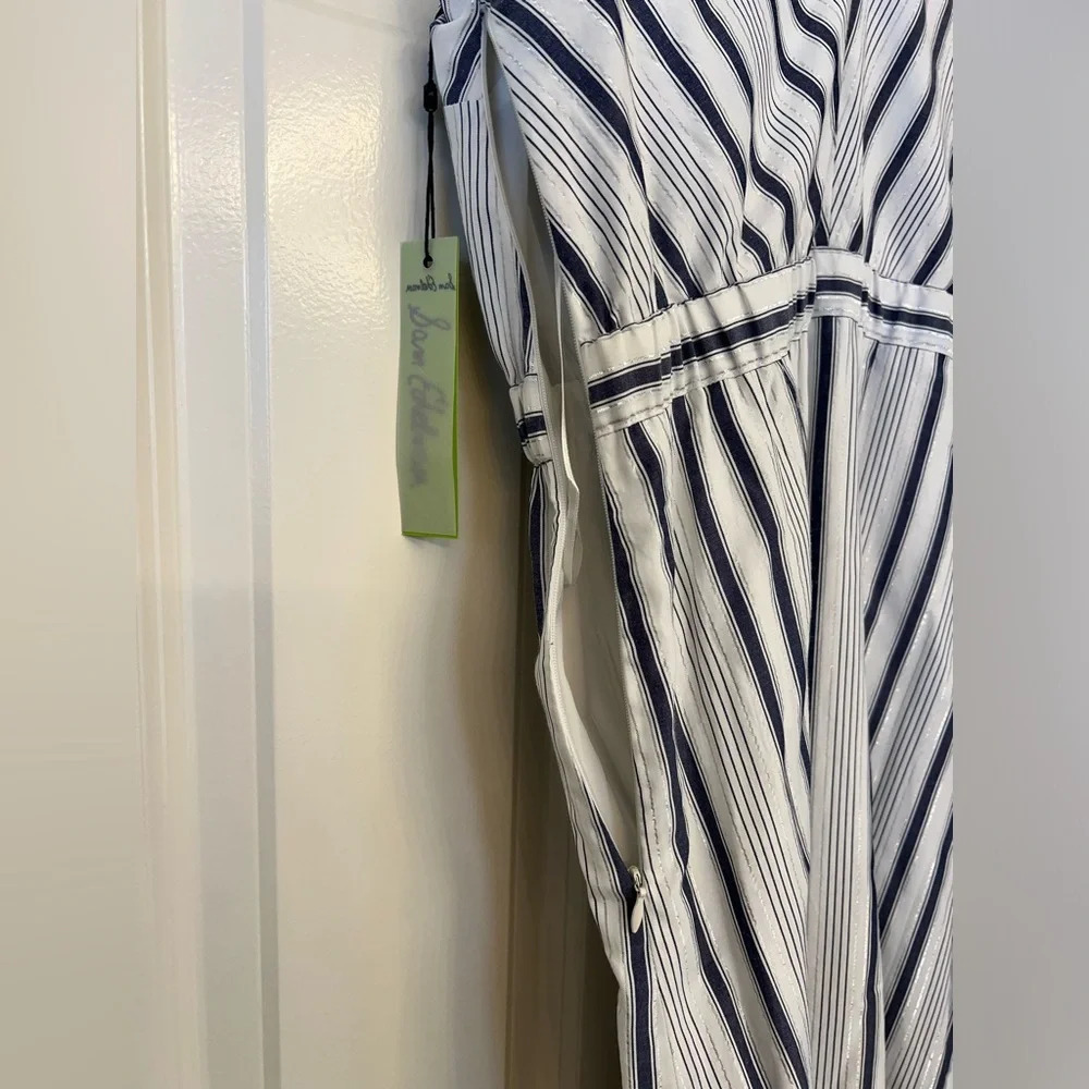 Sam Edelman Blue White Silver Metallic Stripe Sleeveless Maxi Dress Size Large - Picture 7 of 14